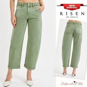 RISEN Tummy Control High Rise Waist Zip Fly Olive Cropped Barrel Leg Denim Jeans